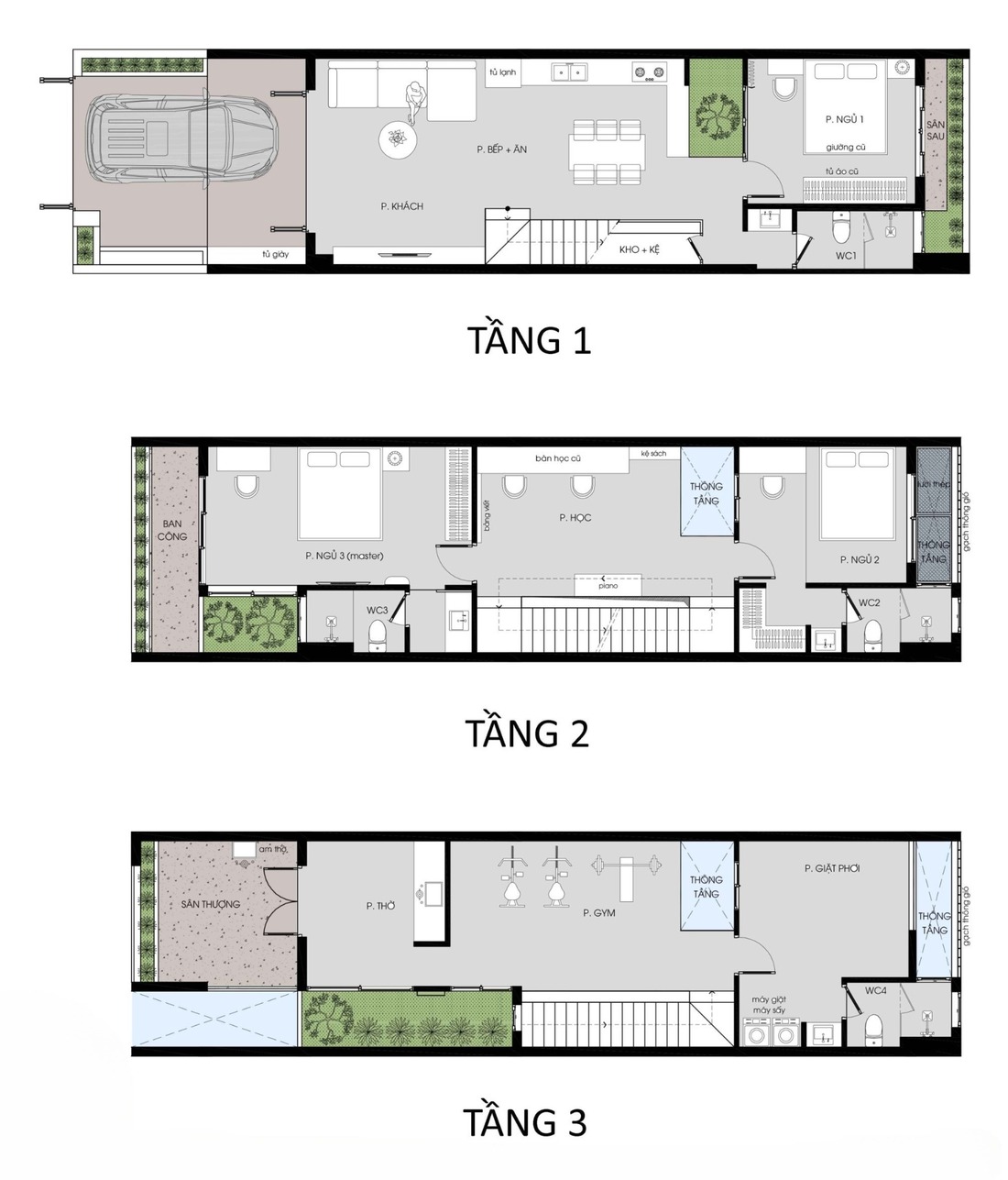 nhà ống 3 tầng mặt tiền 5m với các công năng cơ bản