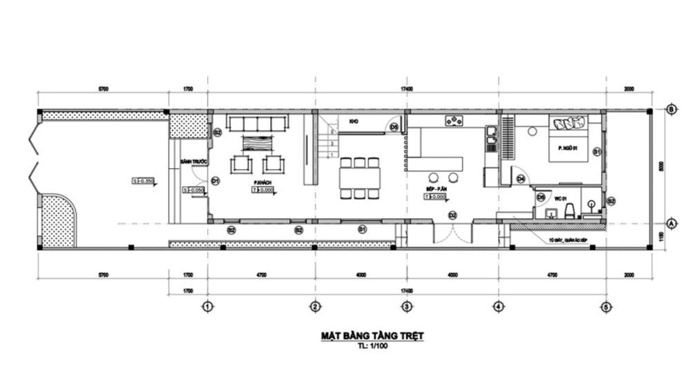 mặt bằng thiết kế nhà phố 5x17 2 tầng 3 phòng ngủ