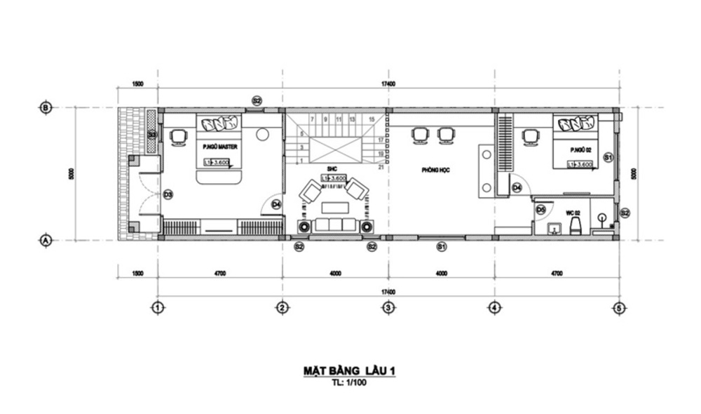 mặt bằng thiết kế nhà phố 5x17 2 tầng 3 phòng ngủ