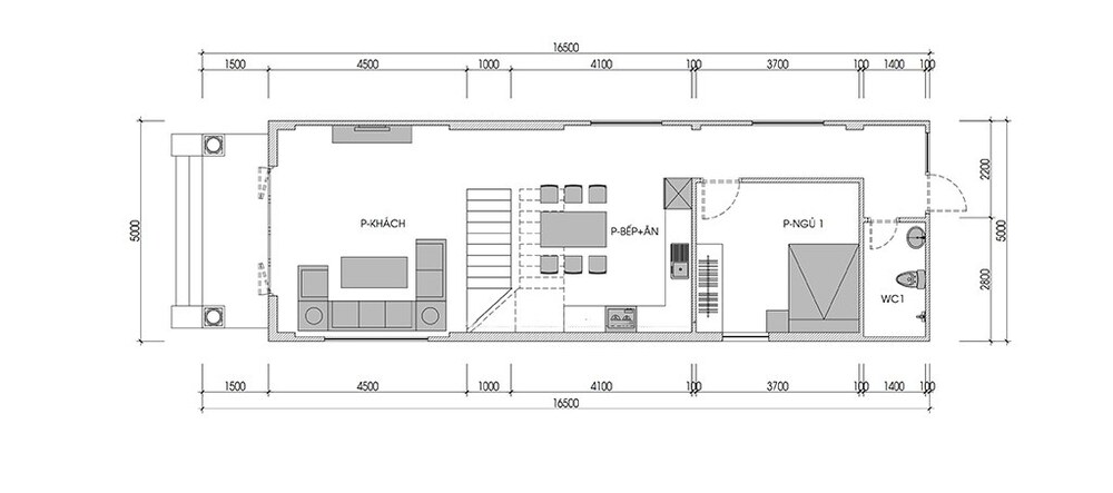 Mặt bằng thiết kế nhà phố 5x17 2 tầng với mái bằng