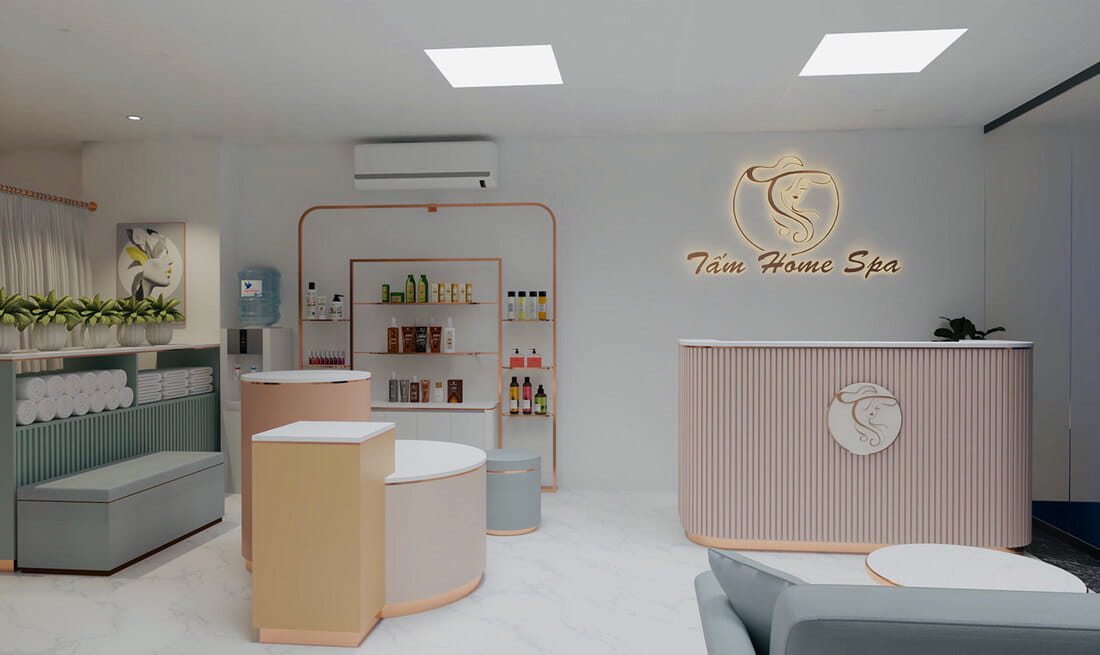 phong cách spa Hàn Quốc với tông màu trắng kết hợp với tông màu pastel