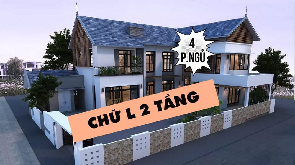 bản vẽ thiết kế nhà 2 tầng chữ L với 4 phòng ngủ