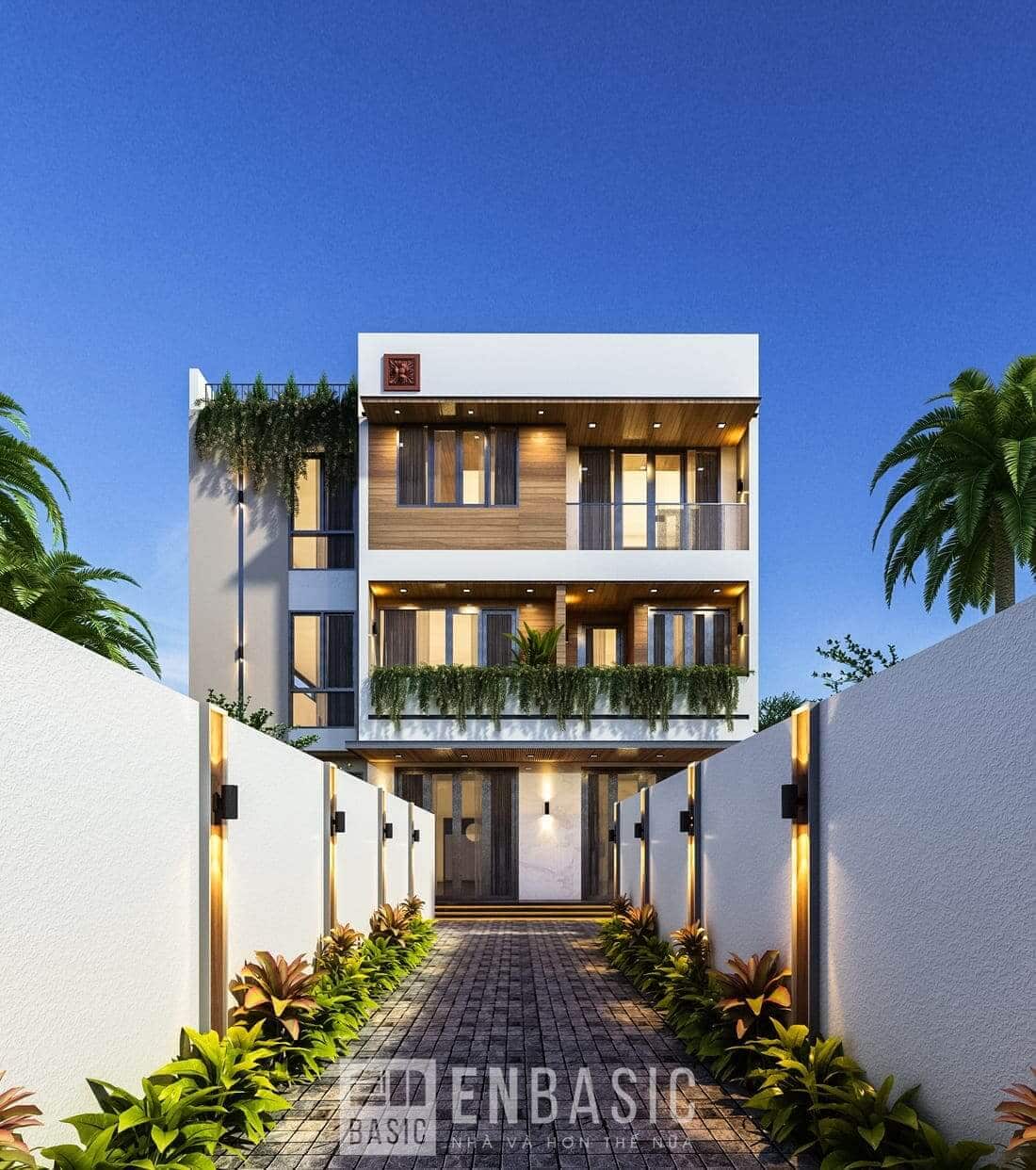 Bản vẽ thiết kế nhà 8x14m 3 tầng có lối đi vào nhà lát gạch