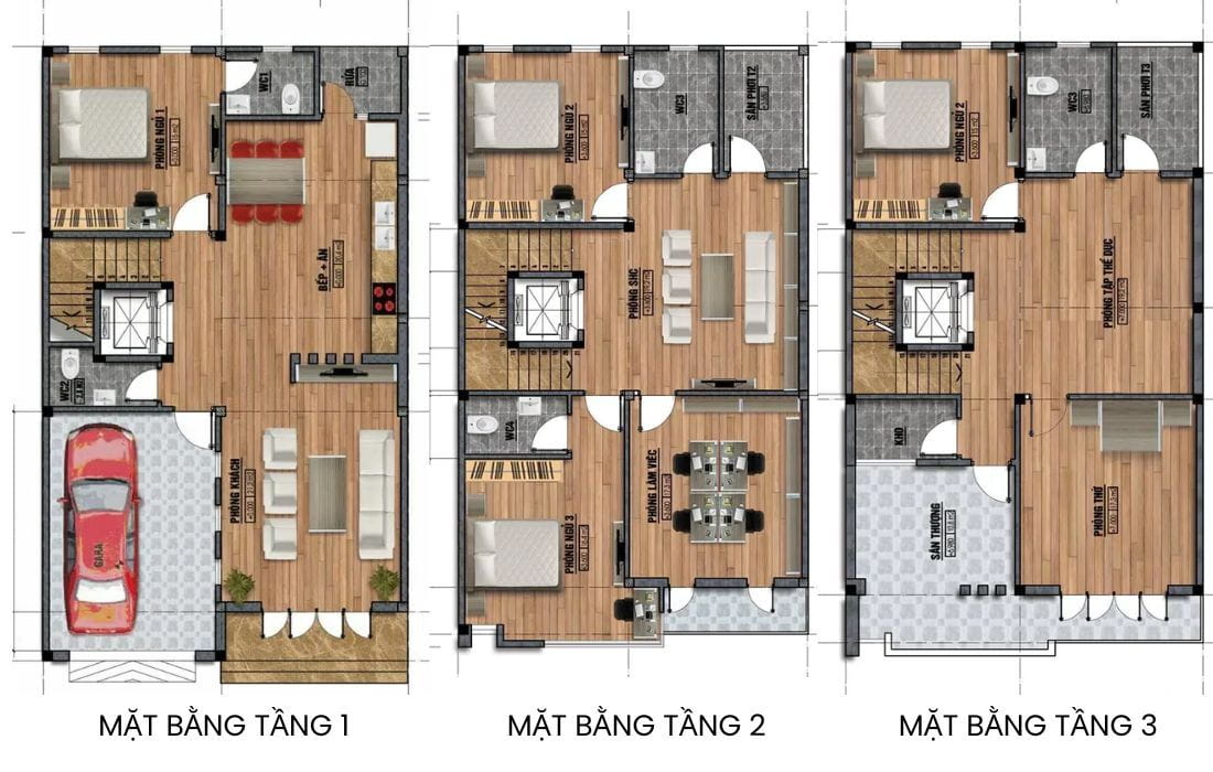 Công năng thiết kế nhà 3 tầng ngang 8m dài 14m