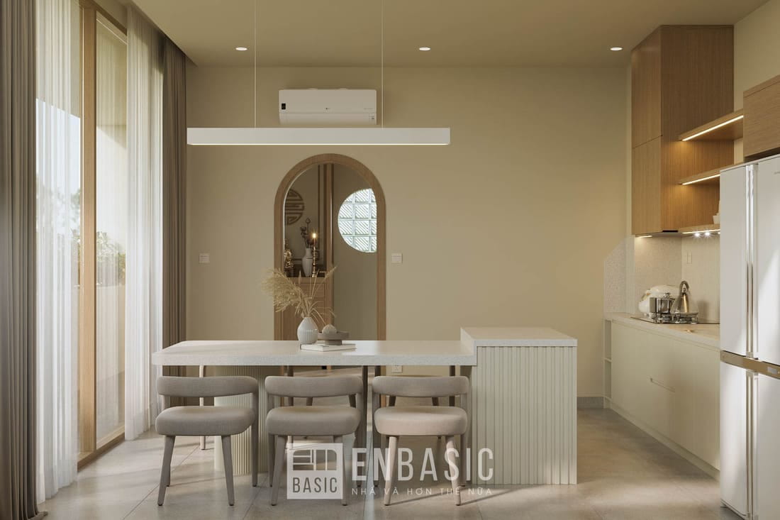 thiết kế nội thất nhà bếp màu vàng be