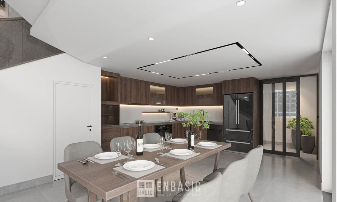 thiết kế bếp hình chữ L màu nâu