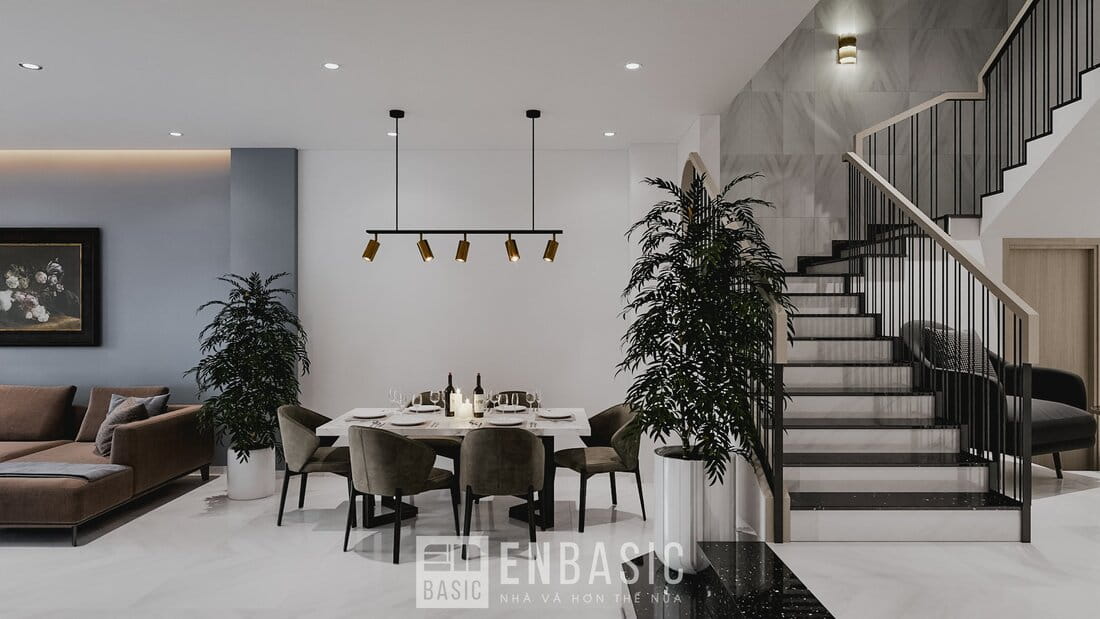 nhà bếp hiện đại với bàn ăn tông màu xám đen