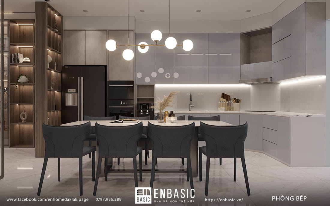 nhà bếp hiện đại đơn giản ghế màu nâu xám