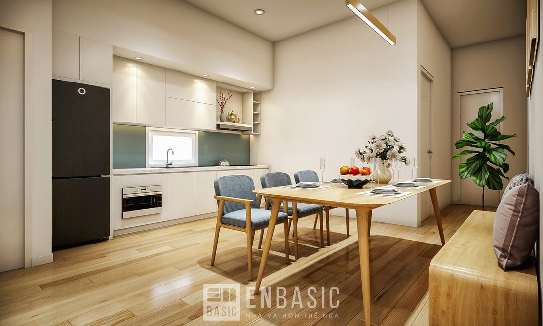 thiết kế phòng bếp có sàn gỗ nâu