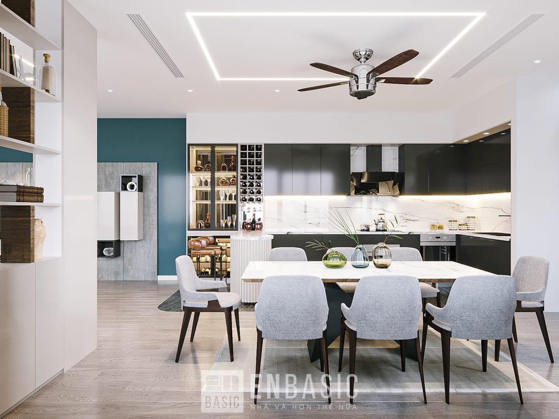 nội thất phòng bếp tông màu đen và xám