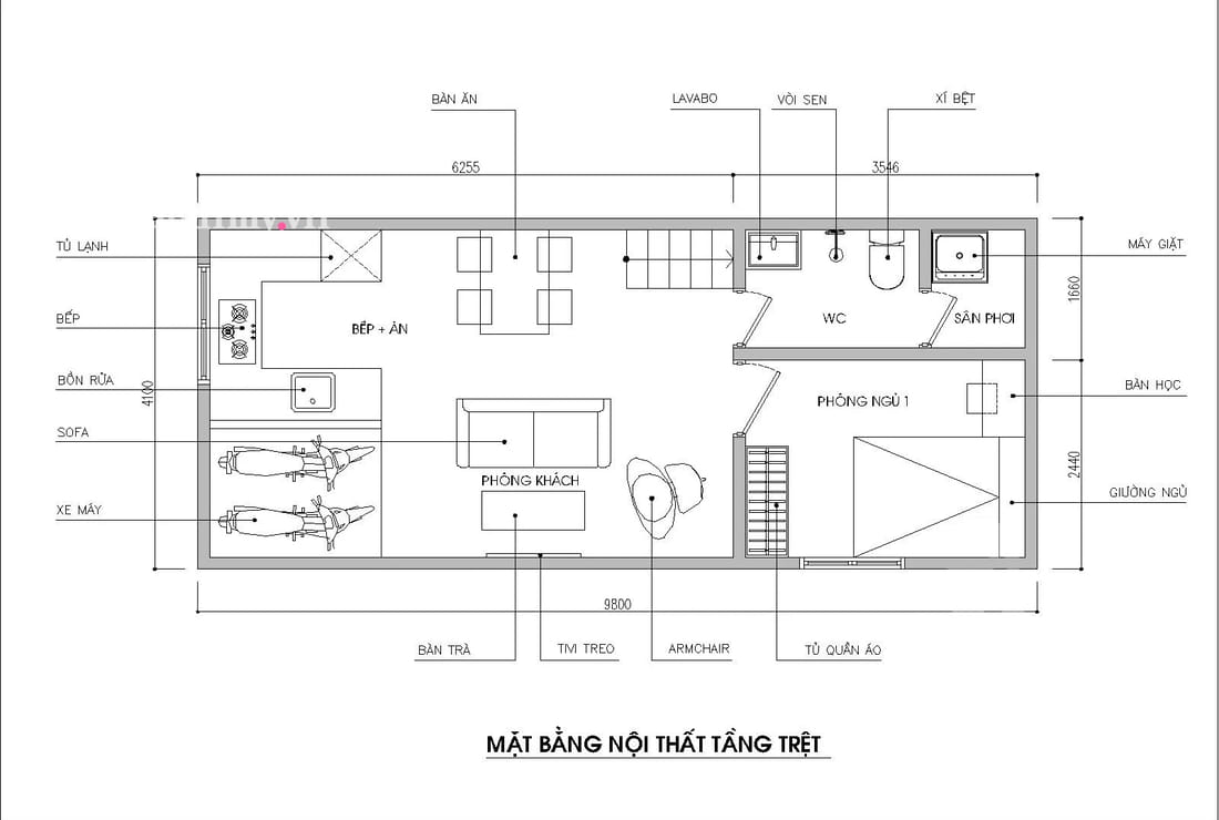 thiết kế công năng nhà 1 tầng 1 phòng ngủ