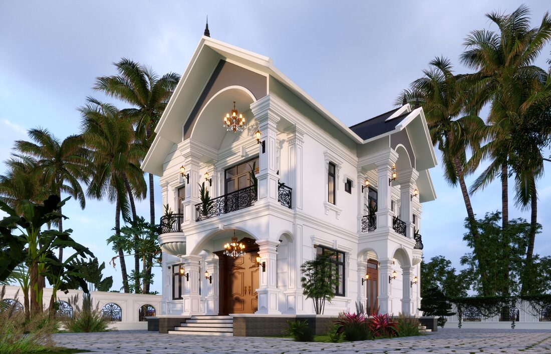 Mẫu nhà villa 2 tầng phong cách tân cổ điển kết hợp mái Thái