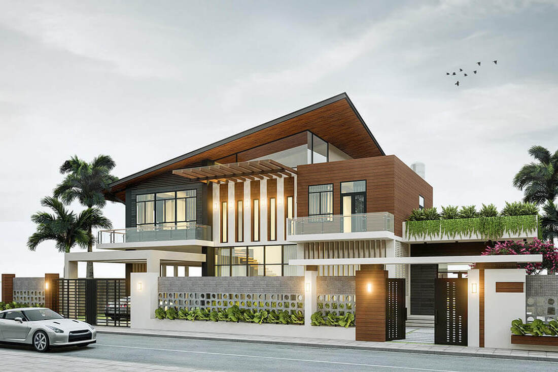 Mẫu nhà villa 2 tầng đẹp hiện đại mái lệch