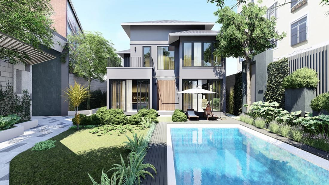 Mẫu nhà villa 2 tầng đẹp kết hợp hồ bơi và sân vườn