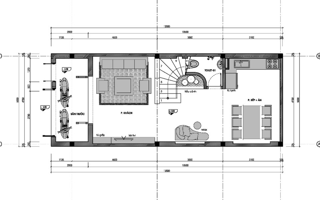 Bản vẽ công năng tầng 1 nhà phố 5x12m