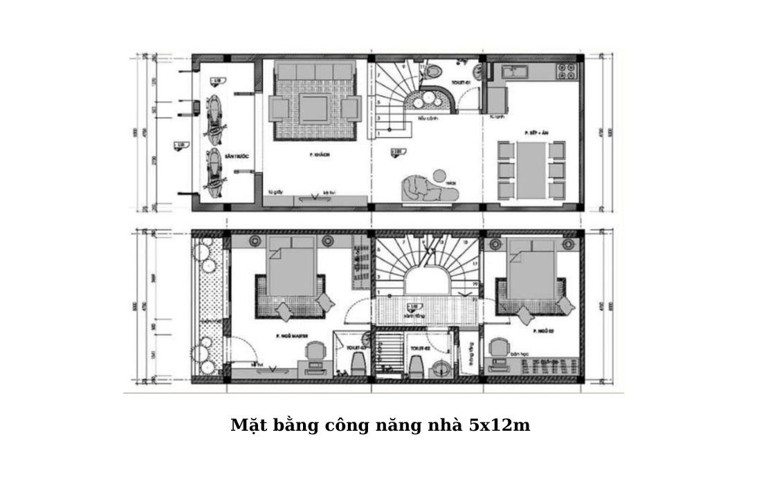 Bản vẽ thiết kế nhà 5x12m 2 tầng tối ưu công năng