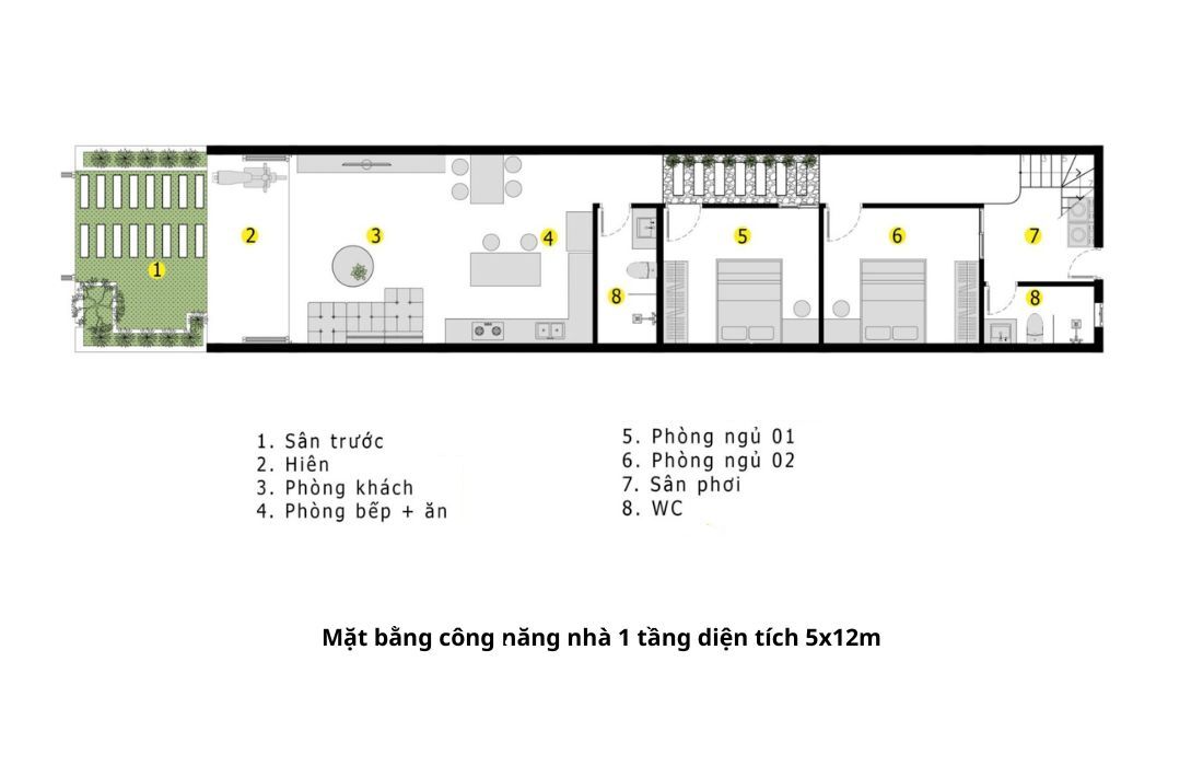 Bản vẽ công năng nhà 1 tầng diện tích 5x12m