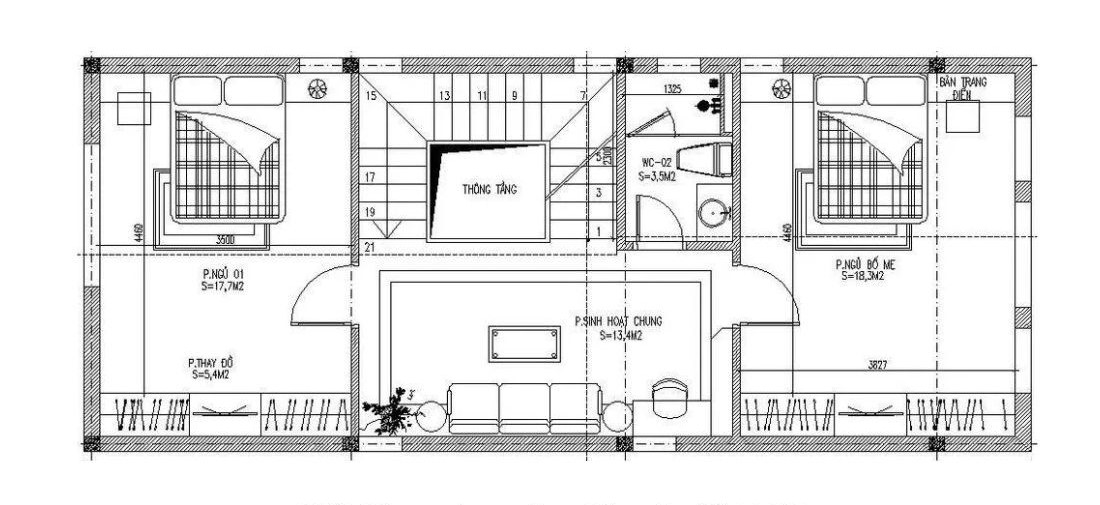 Bản vẽ thiết kế nhà phố 5x12m công năng 2 phòng ngủ