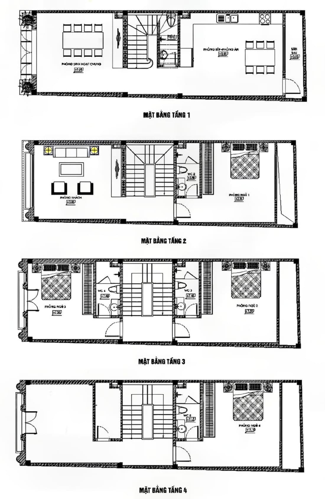 Bản vẽ thiết kế nhà 5x12m 4 tầng với công năng 4 phòng ngủ