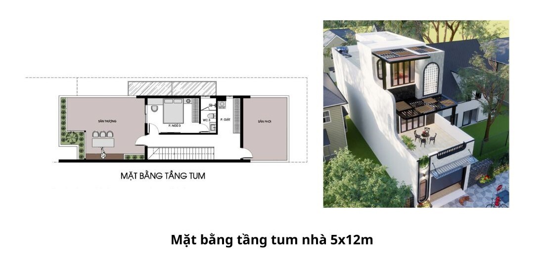 Bản vẽ tầng tum nhà phố 5x12m với công năng phù hợp