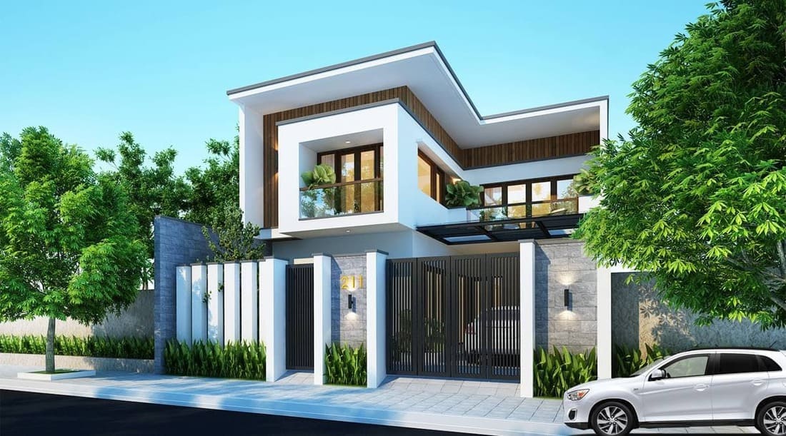 Nhà vuông 2 tầng chữ L bố trí linh hoạt, đẹp mắt