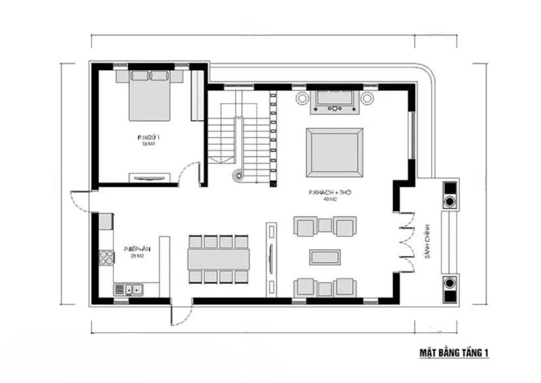 Bản vẽ tầng 1 nhà vuông bố trí tiện nghi và gọn gàng